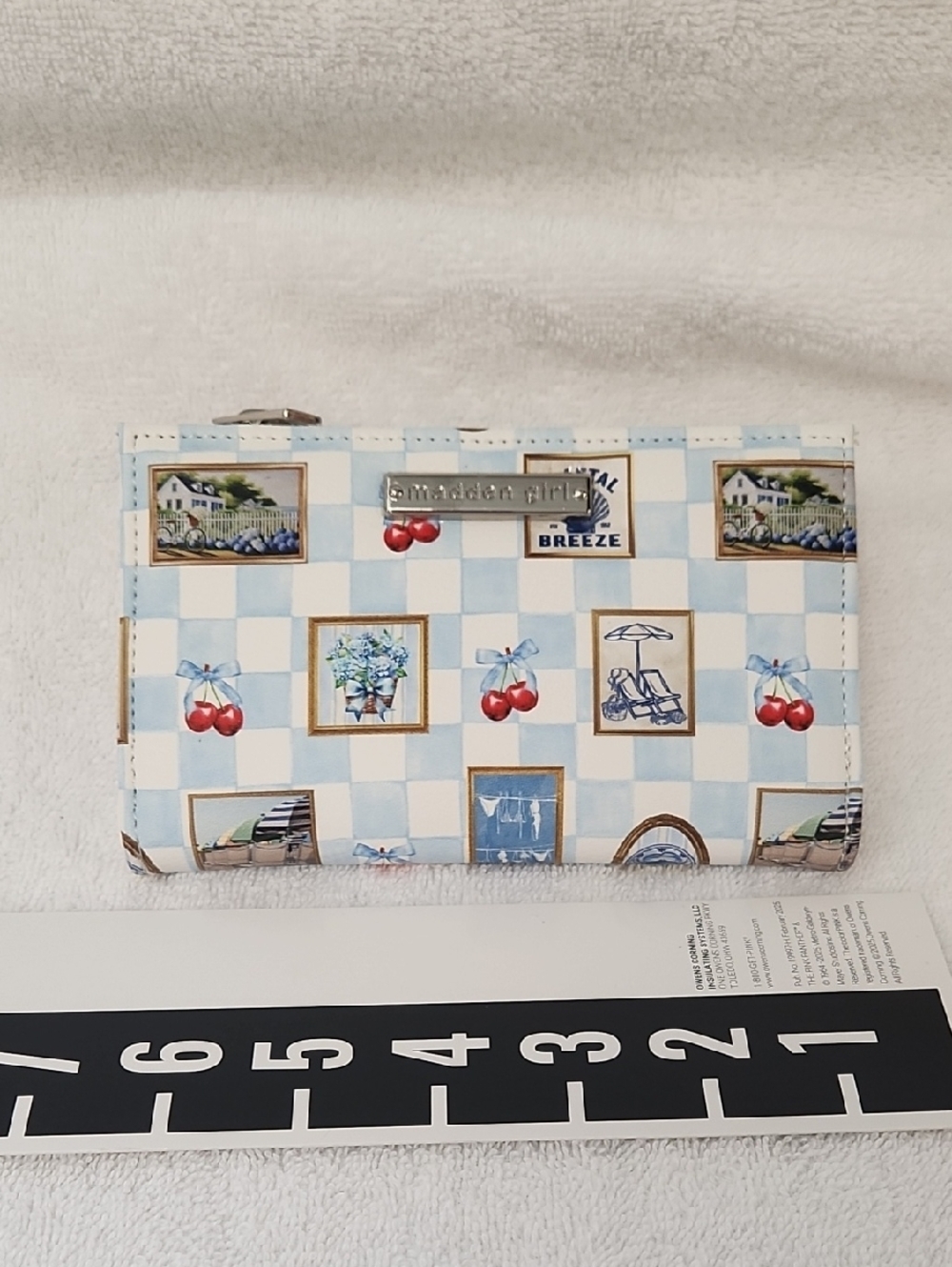 NWOT Madden Girl Light Blue Checkerboard Cherry & Seaside Print Wallet